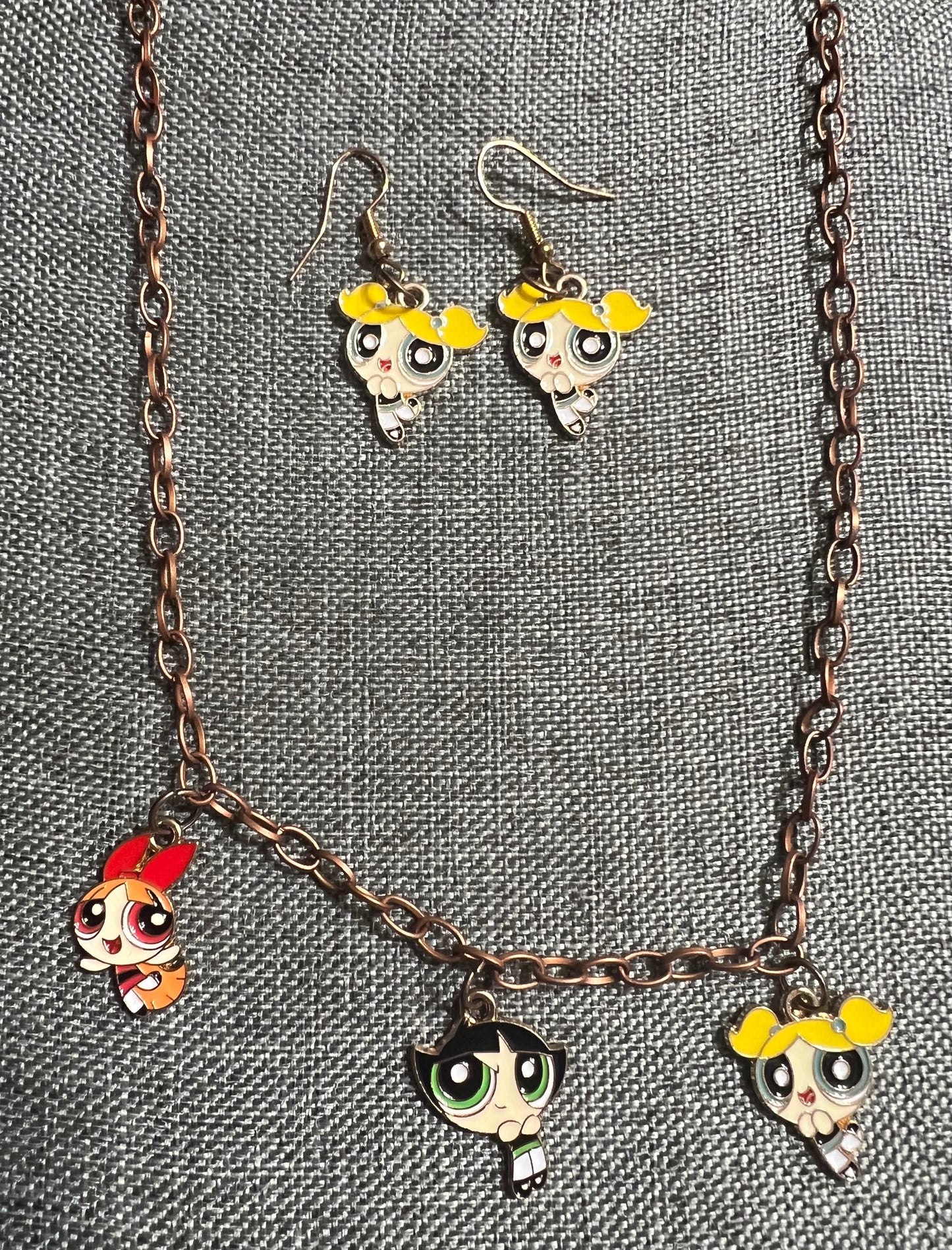 Power puff girls earrings and necklace