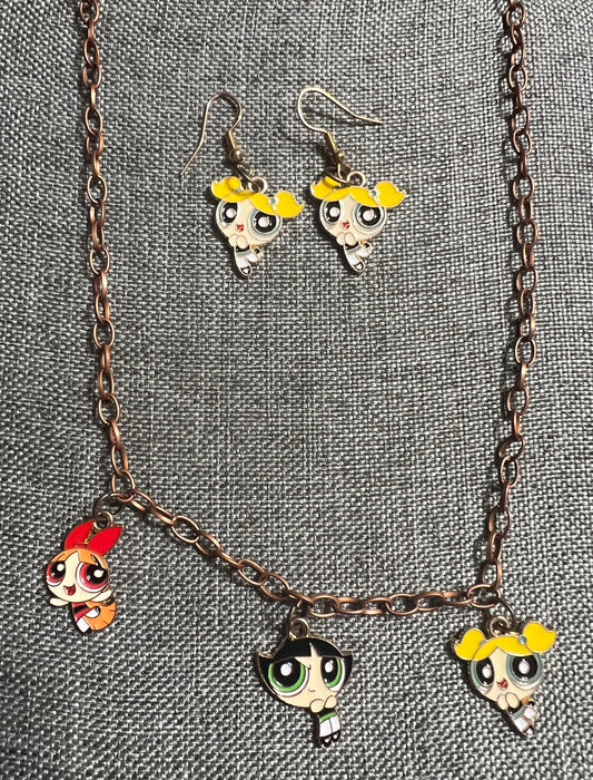 Power puff girls earrings and necklace