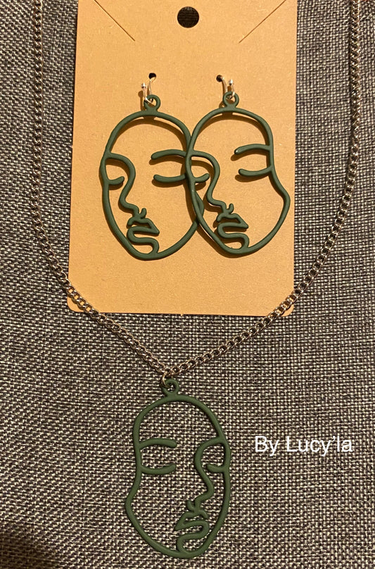 Green face set earrings and necklace