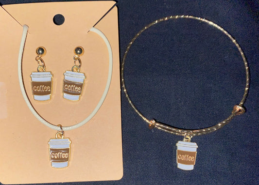 Coffee earrings necklace and bracelet set